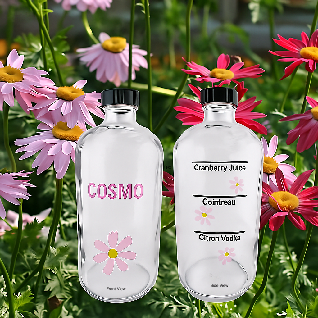 Front and side views of the Cosmo Cocktailer. The pour to lines are on the side. For a cosmo the ingredients are citron vodka, cointreau and cranberry juice. You can add a splash of lime.