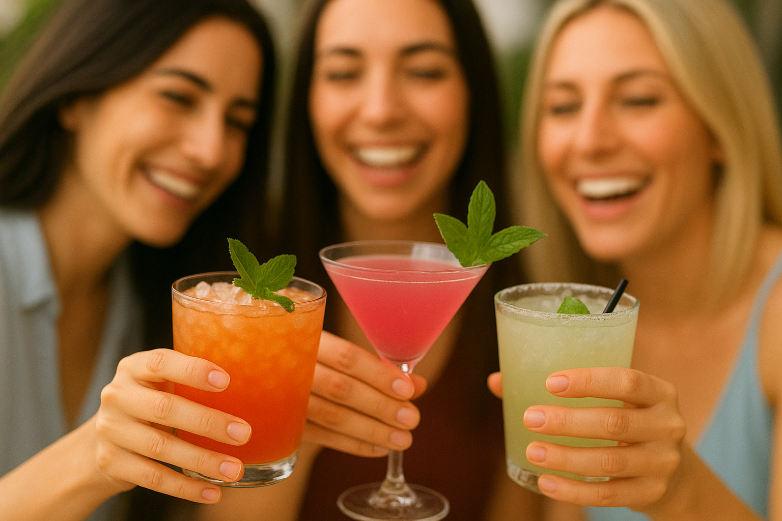 Three women holding colorful cocktails and smiling outdoors. One holding a Mai Tai, one a cosmo and one a cadillac margarita all made using Cocktailers. Cocktailers are great to mix in advance for a party. Enjoy the party rather than spend time mixing drinks. Also, great to keep in your refrigerator or freezer and pour a single drink when you are in the mood.