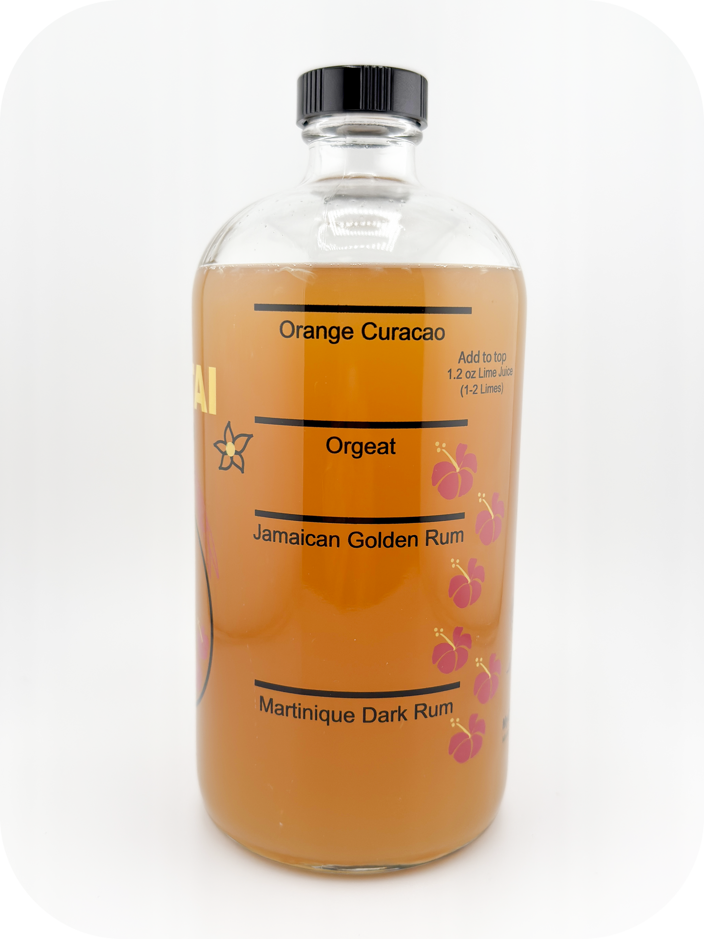 Mai Tai Cocktailer, side view showing ingredient pour-to lines and filled with Mai Tai cocktail.