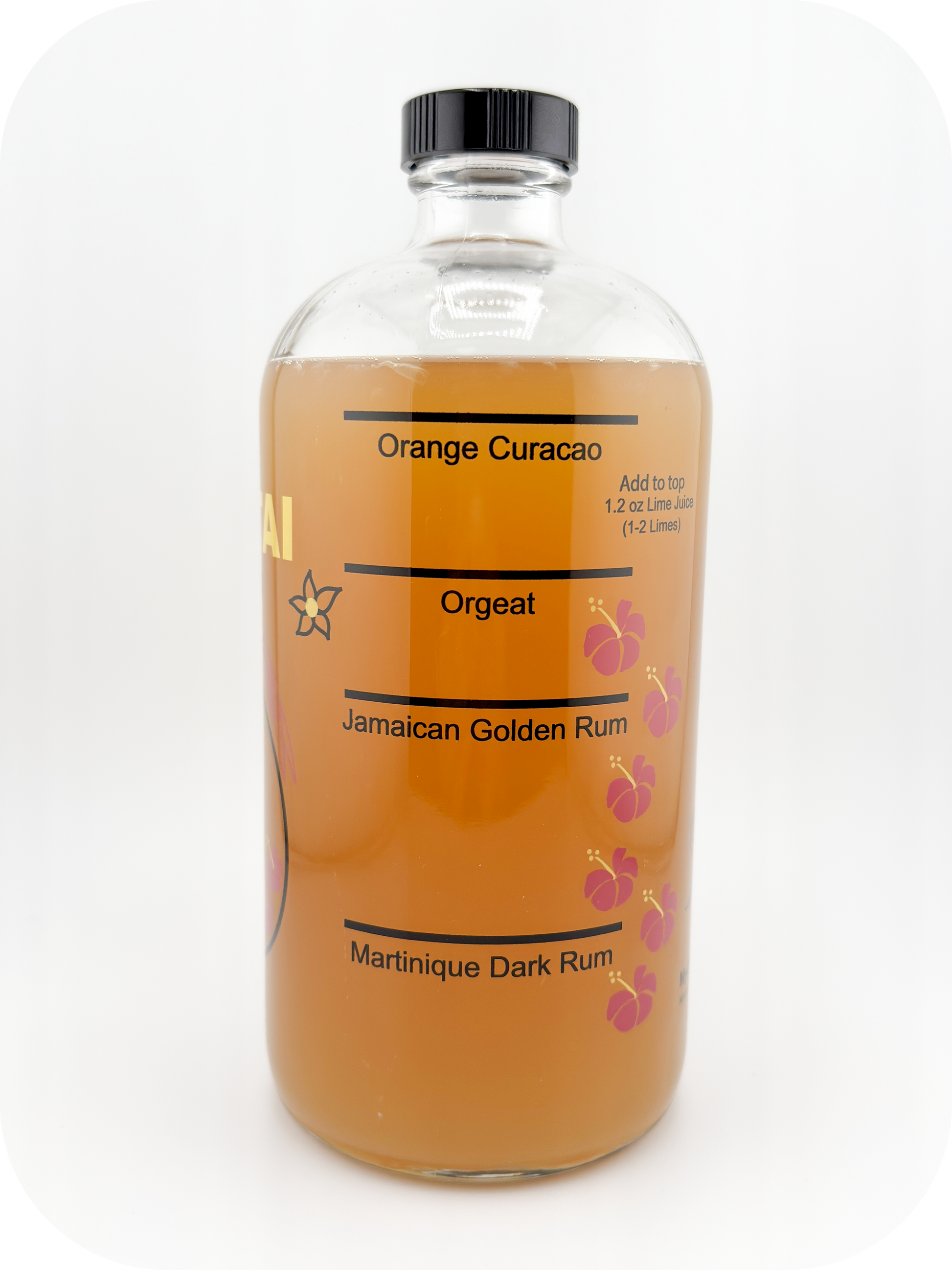 Mai Tai Cocktailer, side view showing ingredient pour-to lines and filled with Mai Tai cocktail.