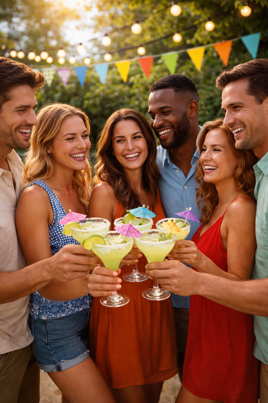 Margarita Party. Group of friends enjoying a casual outdoor gathering with cocktails.